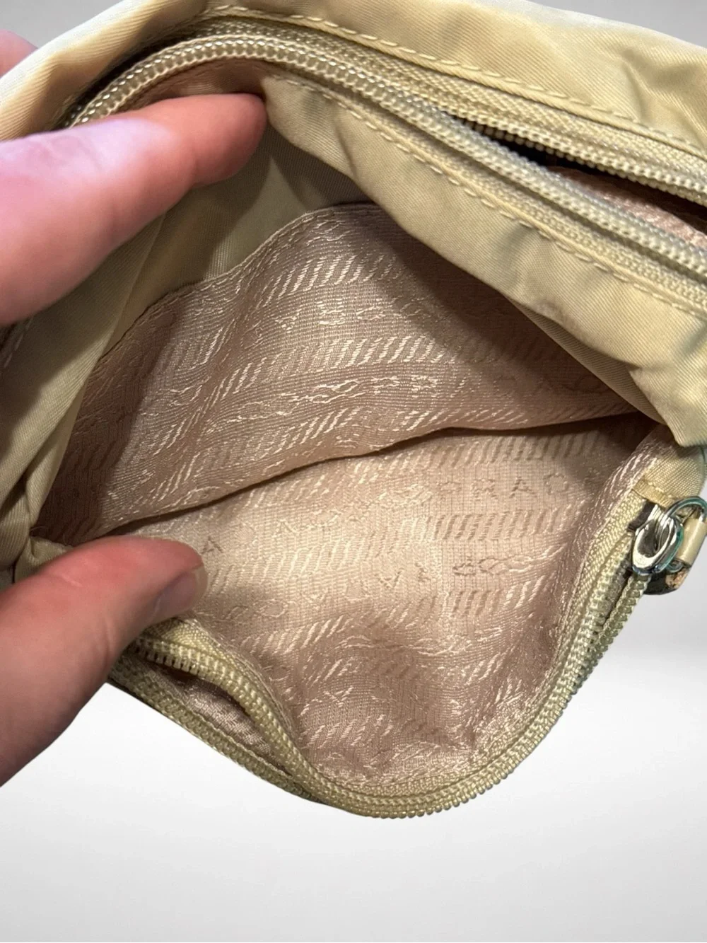 PRADA Authentic Nylon Cosmetic Pouch Beige Zip Makeup Travel Toiletry Bag